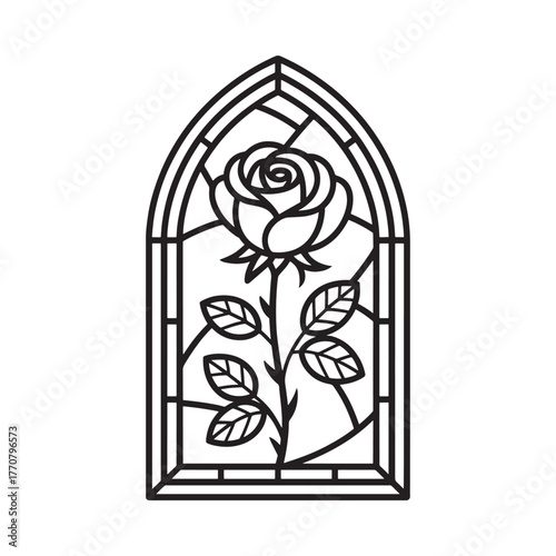 Gothic arch stained glass window featuring a detailed rose flower design