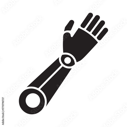 Black silhouette of a robotic arm with a hand on a white background