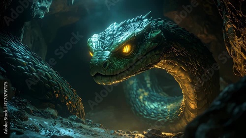 Basilisk Serpent Creature in a Dark Cave with Glowing Eyes, Cinematic Macro Realism