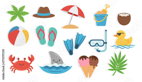 Cartoon summer and beach vacation : hat, umbrella, sand bucket, coconut, beach ball, flip-flops, fins, snorkel, duck, crab, shark, ice cream, and leaves.