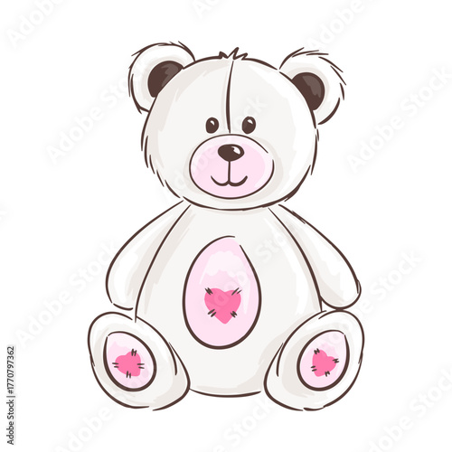 White teddy bear sitting with hearts on belly and feet.