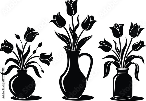 A black and white artistic illustration featuring a set of three elegant silhouettes of tulip bouquets in decorative vases