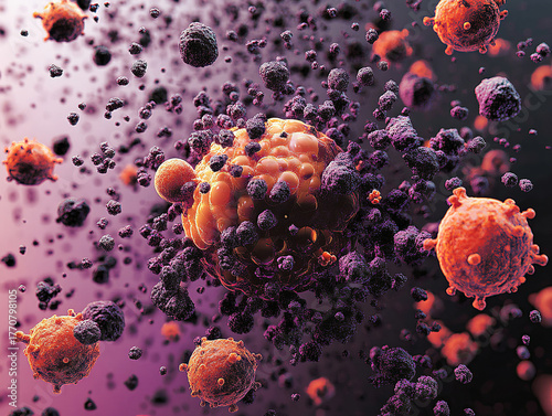 Cancer cell growth illustrates medicine through scientific illustration, disease development can create tumor , this can be helpful to review the model or test it with science.