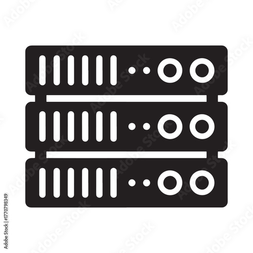 Three stacked black server racks with lights and buttons on a white background