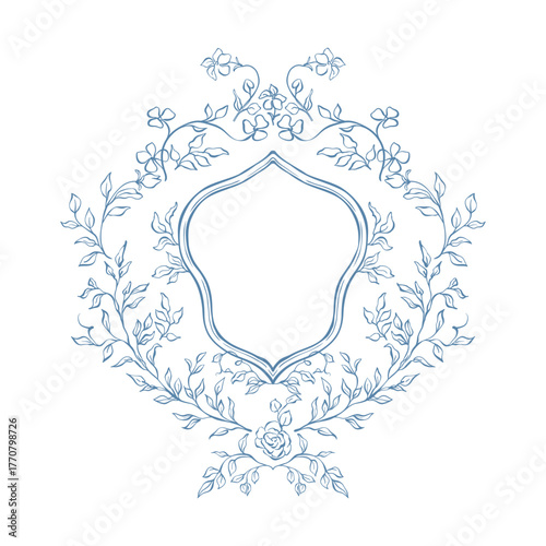 Wedding crest. Vintage frame. Classic wedding frame monogram with botanical leaf ornament. Baroque crest. Victorian hand drawn monogram for wedding invitation, card, save the date. Floral armorial.