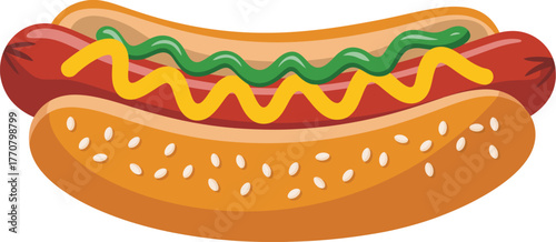 Appetizing hot dog illustration with grilled frankfurter, toasted bun, yellow mustard, and green relish, perfect for summer picnics, fast food menus, and snack concepts