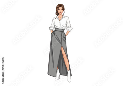 Illustration of a woman in a white shirt and gray skirt with a slit posing with hands in her pockets on transparent background