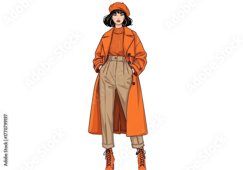 A woman standing with hands in pockets wearing orange coat and beret with tan pants and orange boots on transparent background