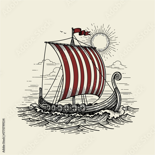 Viking ship sailing on the sea with red and white striped sail under the sun.