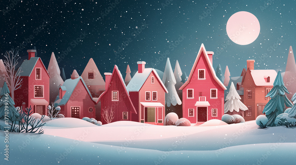 Fototapeta premium Cidade ilustrada com casas coloridas, árvores de Natal e decoração festiva. Cena vibrante de fim de ano, clima alegre e espírito natalino estilizado em arte digital
