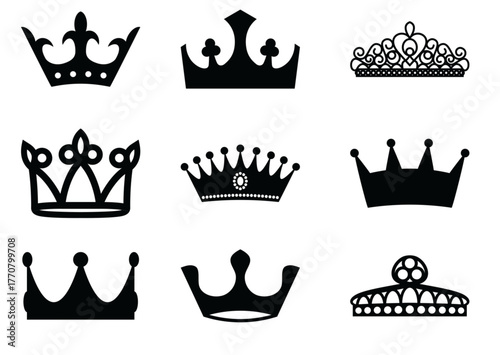 Collection of nine different crown silhouettes isolated on white background, showcasing a variety of royal headwear designs, from classic regal crowns to ornate tiaras, perfect for design projects