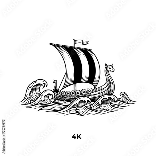 Viking Ship Sailing Through Rough Seas Illustration.