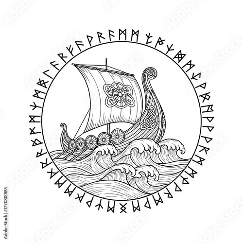 Viking ship sailing on the sea with runic circle.