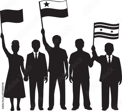 Diverse group of silhouetted people holding flags celebrating human rights day concept