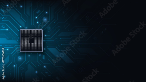 Central computer processors (CPU) on a technology circuit board background. Motherboard digital chip. AI, futuristic science design, cyber innovation concept. Vector illustration.