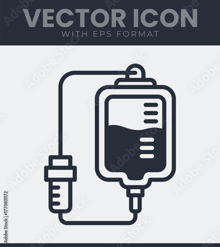 Medical iv drip bag infusion line vector icon. Graphic medical equipment sign. Hospital, treatment, bag, medicine, dropper, doctor, clinic and more. Solid vector symbol illustration