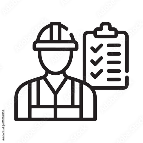 Construction worker with hard hat and safety vest checking a checklist on clipboard