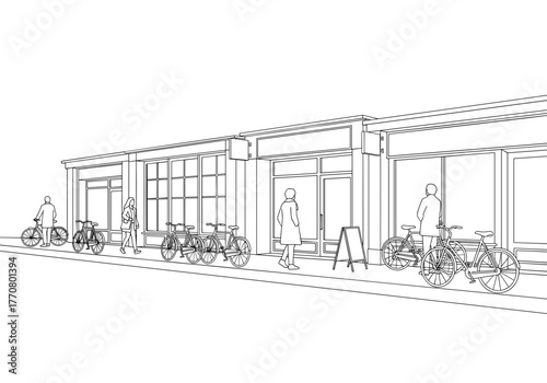 Outline of a quiet street with bicycles and small shops  