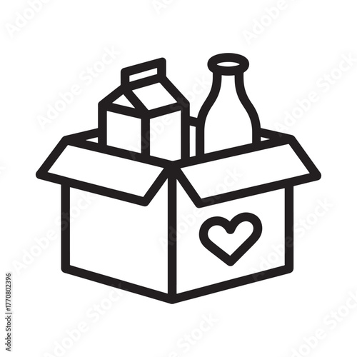 Charity food donation box with milk carton and bottle and heart symbol