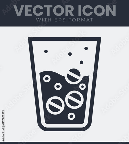Effervescent drink with pills in glass vector icon for health and refreshment