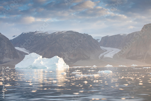 A huge floating iceberg off the coast of Greenland that threatens maritime transport. Ecology, melting ice, climate change, global warming. You can see land in the background.