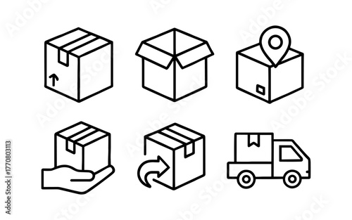 Minimalist line art icons of parcel and delivery concepts