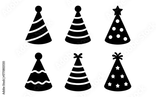 Celebration hat icons set: festive silhouette party designs for any occasion
