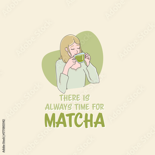young female drinking matcha tea or matcha latte, illustration vector
