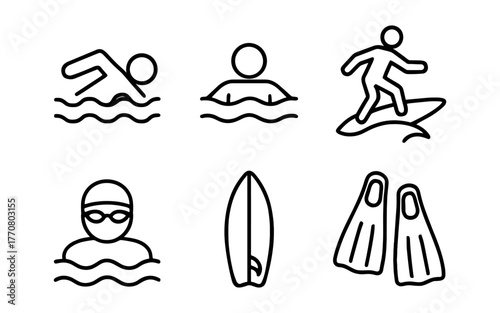 Minimalist water sports icons: swimming, surfing, diving snorkel gear