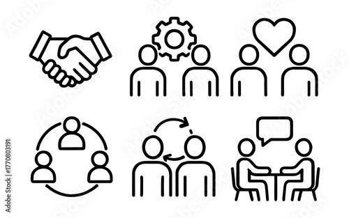 Linear icons of teamwork and collaboration in business and communication