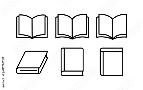 Minimalist line art of open and closed books in various angles