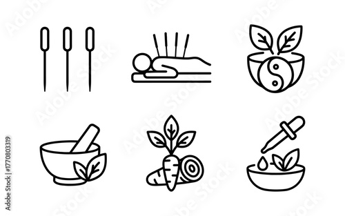 Holistic healing symbols: acupuncture, yin yang, herbal remedies, nature elements