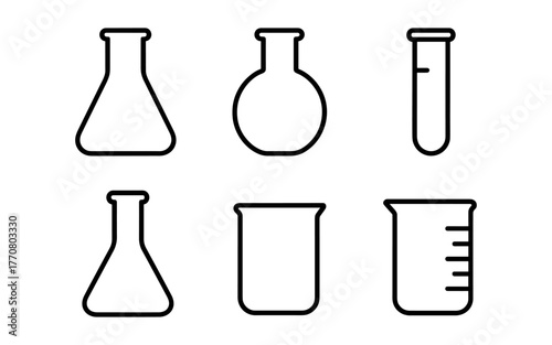 Scientific glassware icons: beaker, flask, and test tube line art collection