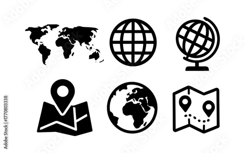Global icons set featuring map, globe, and navigation symbols in black and white