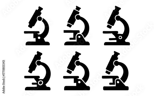 Set of six microscope silhouettes in classic black design for scientific and educational use