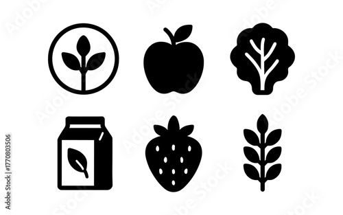 Minimalist black and white icons of organic food and plants