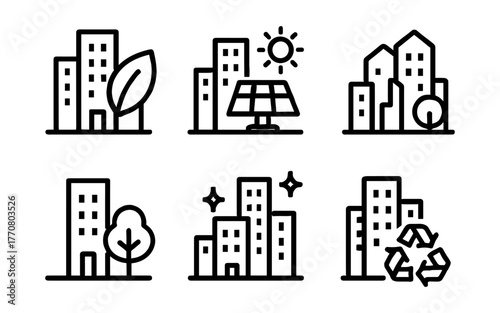 Eco-friendly urban buildings with sustainable energy flat icons