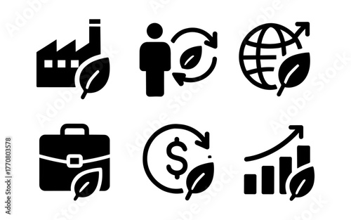 Eco-friendly icons: sustainable industry, recycling, global impact, renewable energy symbols