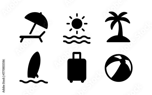 Minimalist beach icons: sun, surfboard, palm tree, and more