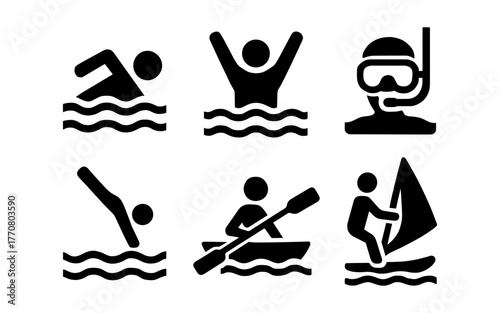 Water sports icons: swimming, diving, snorkeling, canoeing, sailing graphics set