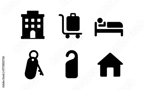 Hotel icon set featuring essential travel and accommodation symbols in silhouette style