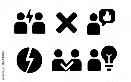 Conflict resolution symbols: simple icons for problem solving and team collaboration