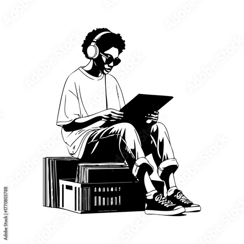 Woman with headphones sitting on stacked audio gear and vinyl records, exploring digital music and analog nostalgia.
