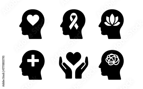 Silhouette icons of mental health and wellness with various symbols