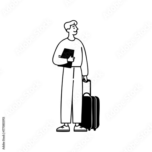Young man holding travel documents and a suitcase, representing immigration, relocation, or international travel for work or study.