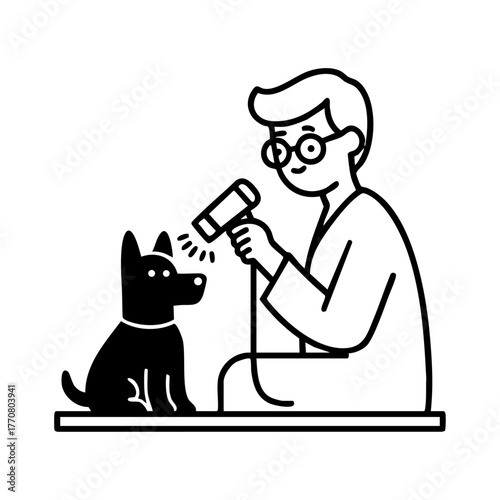 Professional pet groomer drying a small dog after washing, symbolizing animal care, grooming services, and pet hygiene.