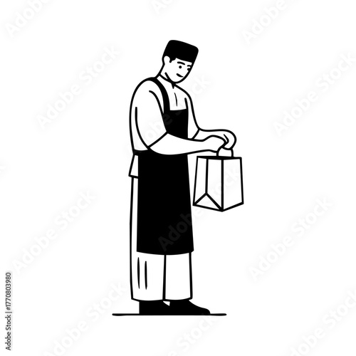 A restaurant worker packs a takeaway order carefully, symbolizing food delivery, customer service, and the hospitality industry.