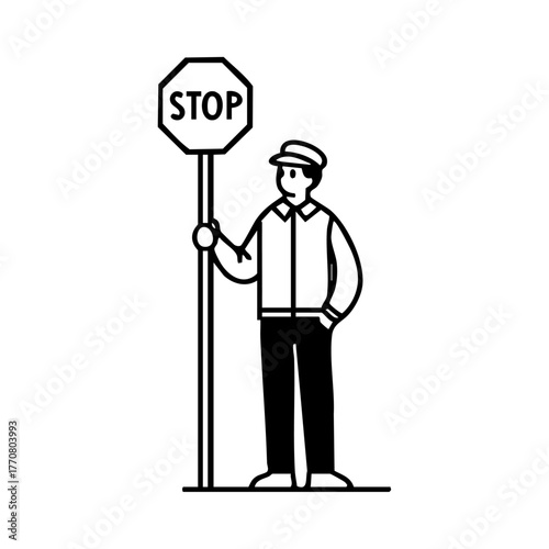 A crossing guard holds a stop sign, representing pedestrian safety, school traffic control, and road awareness.