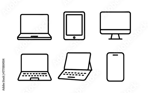 Minimalist line art of modern tech devices: laptop, tablet, desktop, smartphone