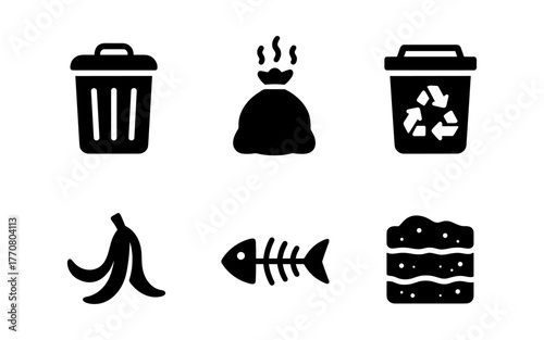 Waste management icons: eco-friendly recycling and trash signs in minimal design